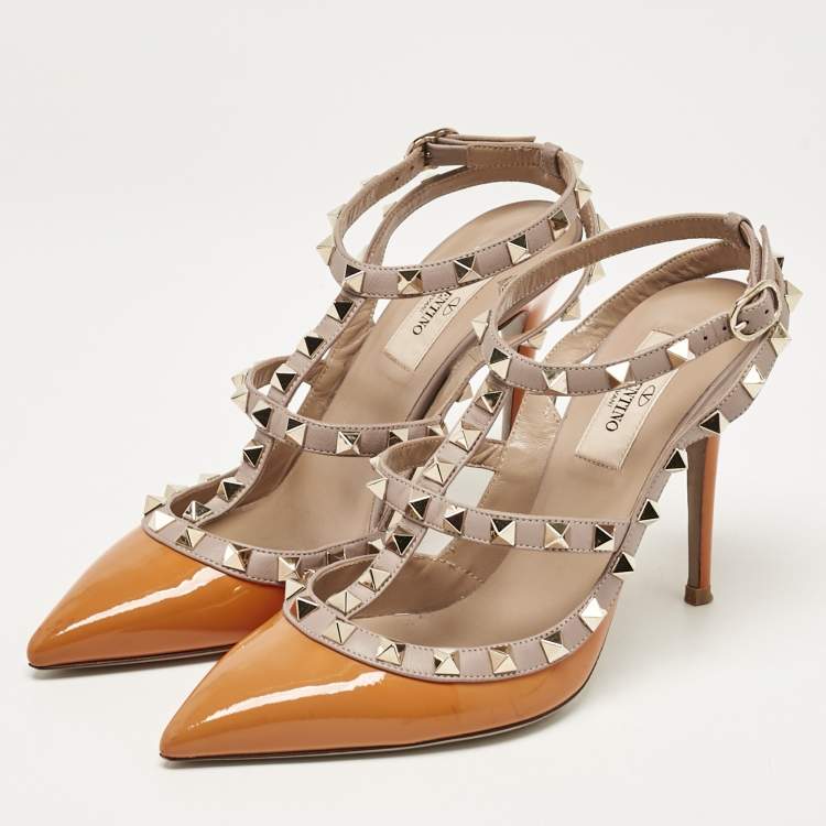 Pre Owned Valentino Yellow/Beige Leather Rockstud Ankle Strap Pumps Size 37
