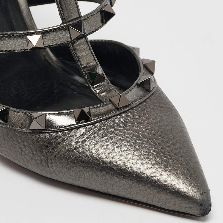 Pre Owned Valentino Metallic Grey Leather Rockstud Mules Size 39