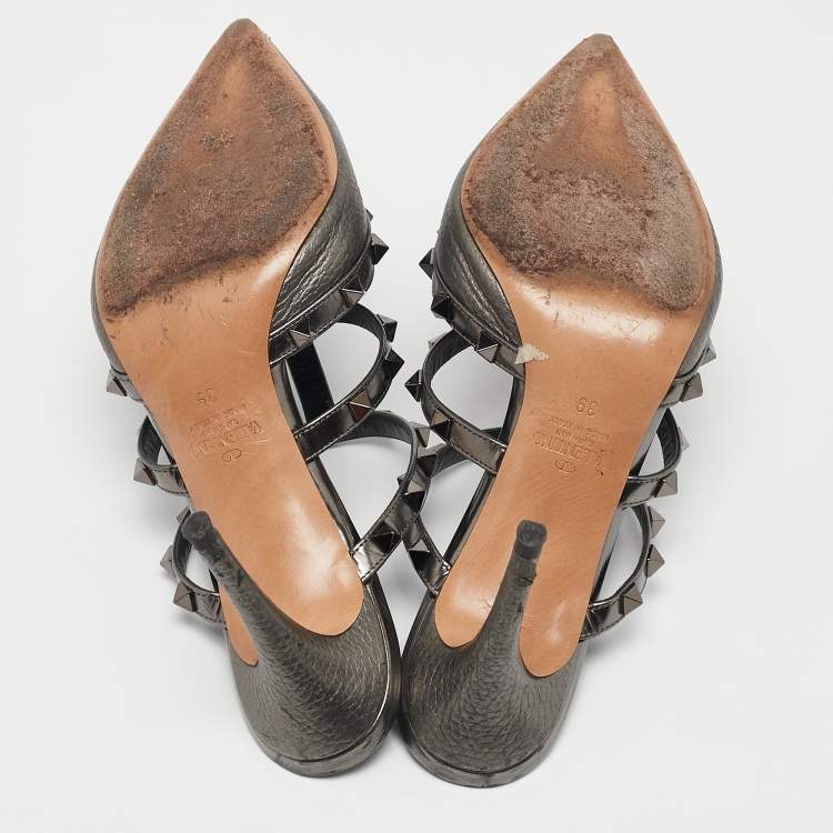 Pre Owned Valentino Metallic Grey Leather Rockstud Mules Size 39