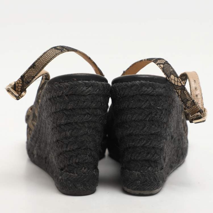 Pre Owned Valentino Black/Beige Lace Bow Slingback Wedge Espadrille Sandals Size 36.5