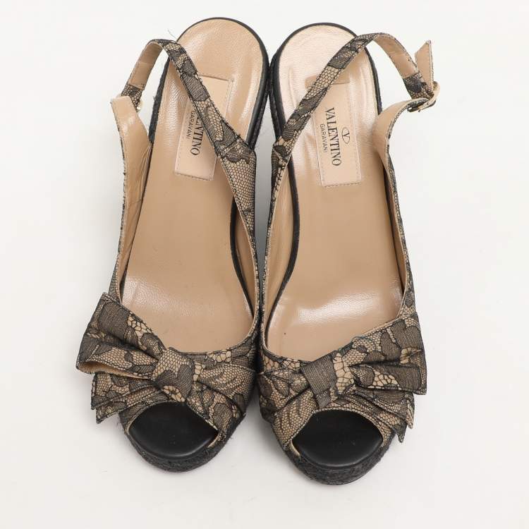 Pre Owned Valentino Black/Beige Lace Bow Slingback Wedge Espadrille Sandals Size 36.5