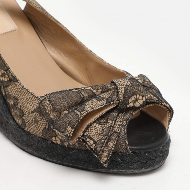 Pre Owned Valentino Black/Beige Lace Bow Slingback Wedge Espadrille Sandals Size 36.5