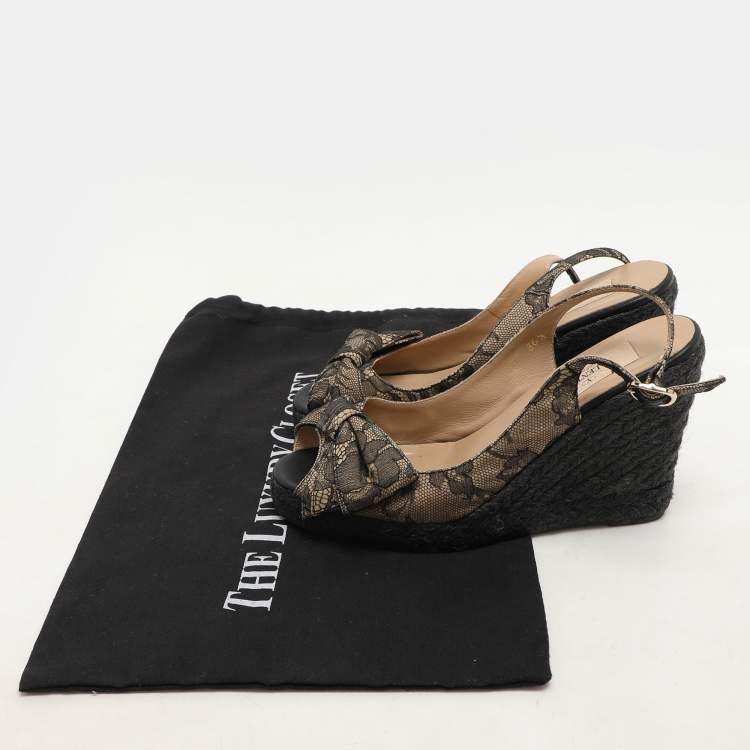 Pre Owned Valentino Black/Beige Lace Bow Slingback Wedge Espadrille Sandals Size 36.5