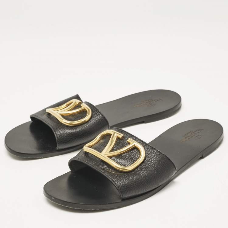 Pre Owned Valentino Black Leather VLogo Flat Slides Size 41