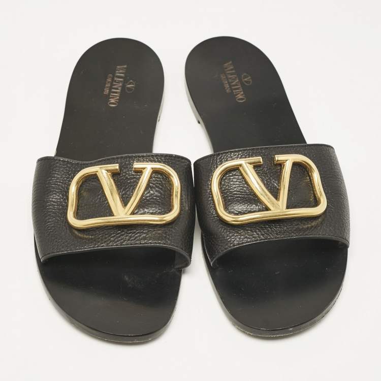 Pre Owned Valentino Black Leather VLogo Flat Slides Size 41