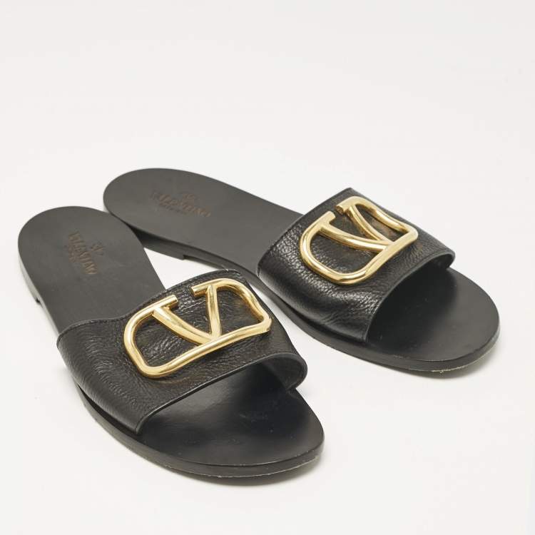 Pre Owned Valentino Black Leather VLogo Flat Slides Size 41