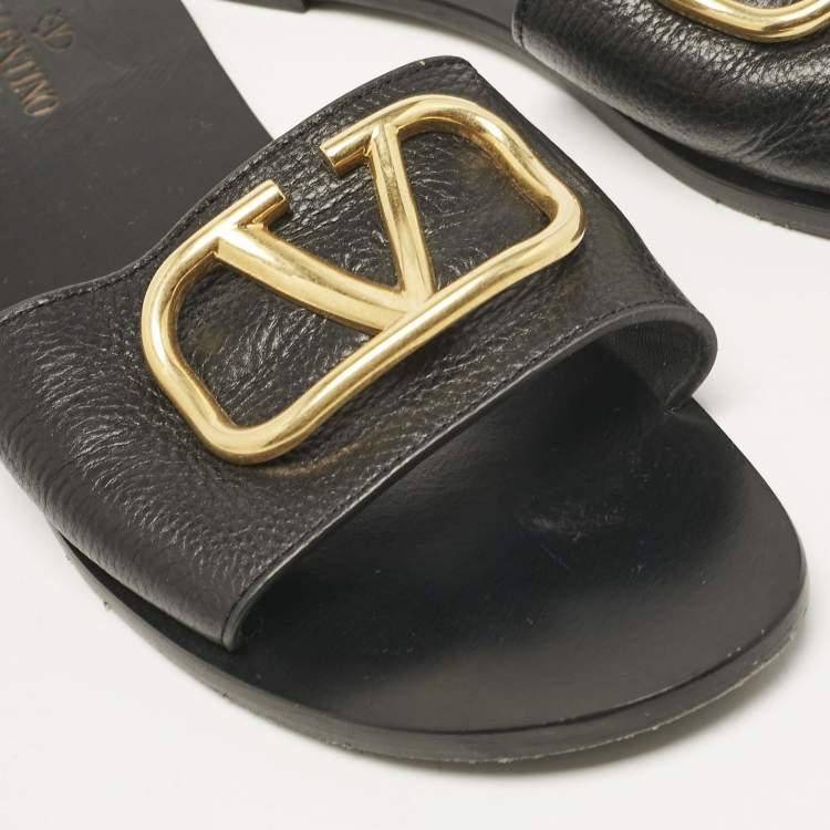 Pre Owned Valentino Black Leather VLogo Flat Slides Size 41