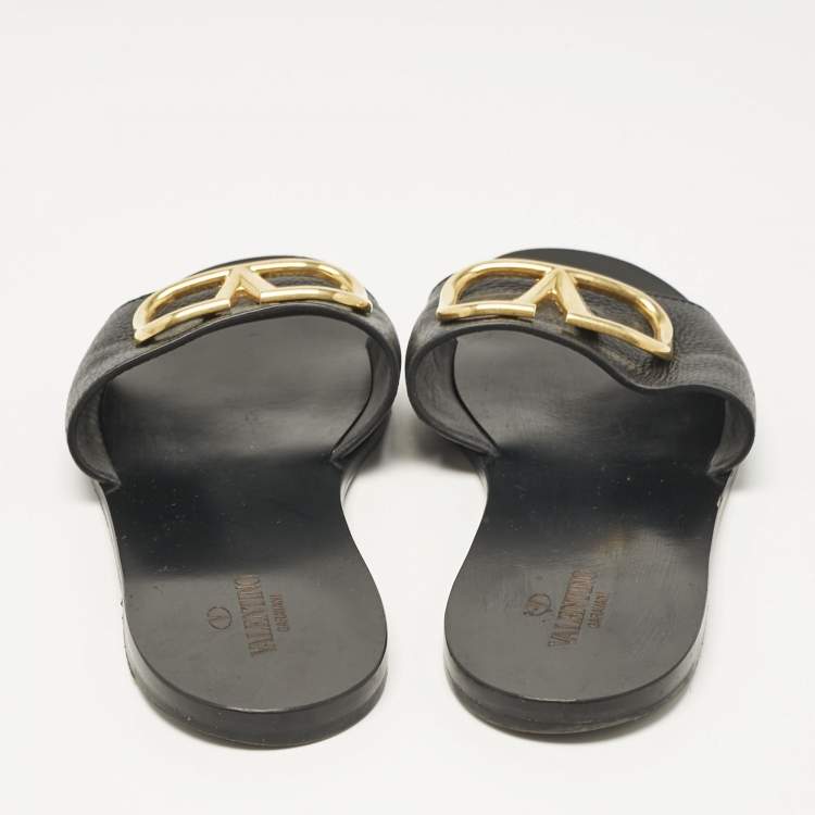 Pre Owned Valentino Black Leather VLogo Flat Slides Size 41