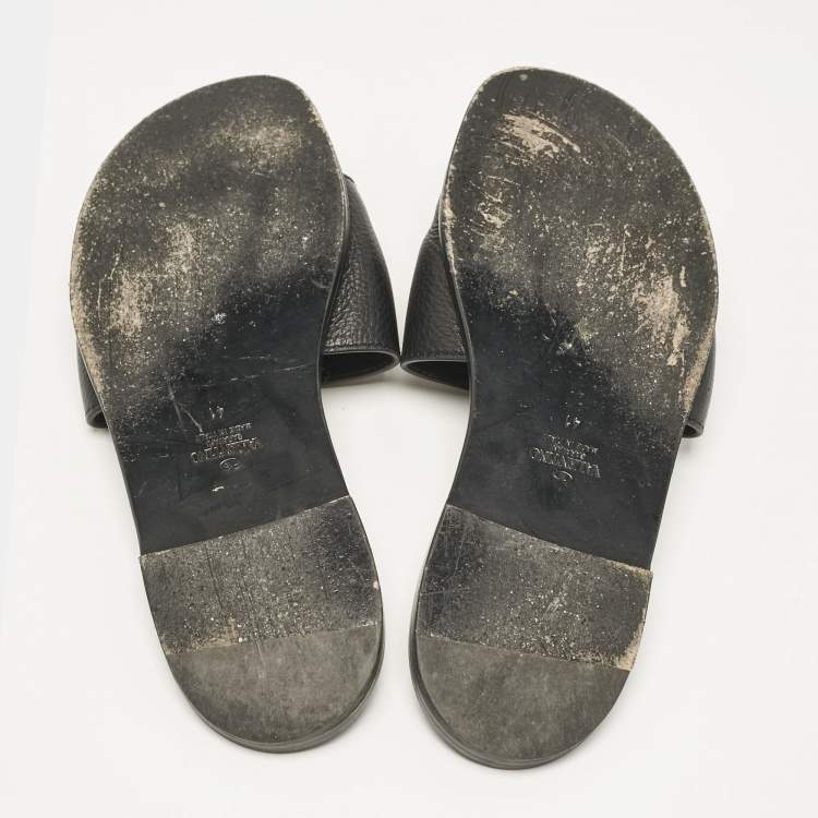 Pre Owned Valentino Black Leather VLogo Flat Slides Size 41