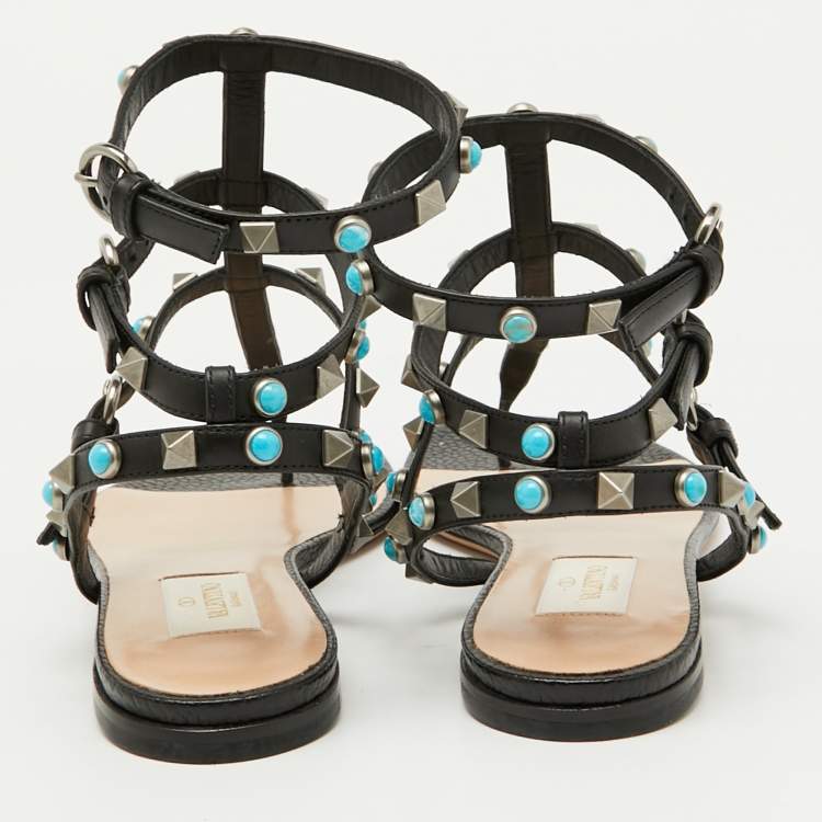 Pre Owned Valentino Black Leather Rolling Rockstud Ankle Strap Flat Sandals Size 38.5