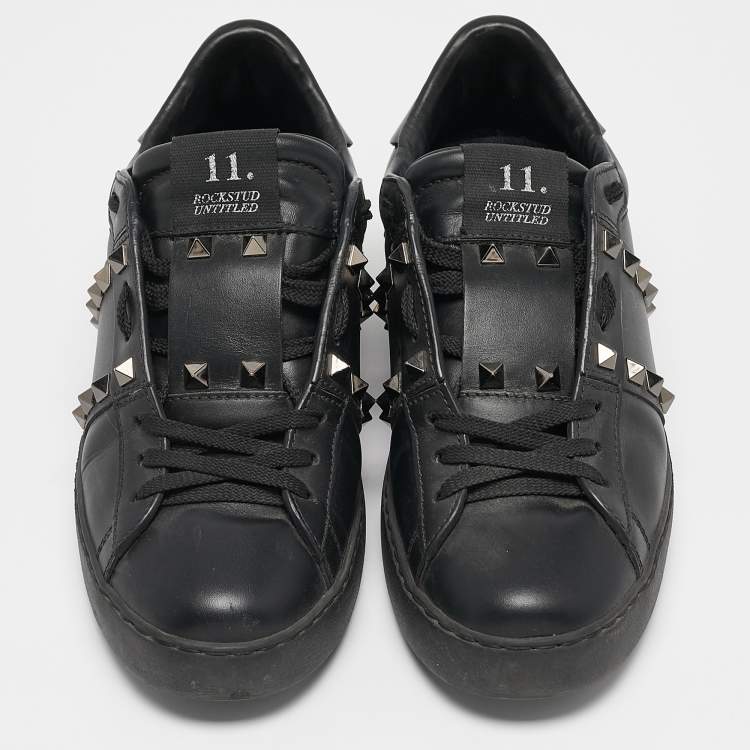 Pre Owned Valentino Black Leather Rockstud Low Top Sneakers Size 37