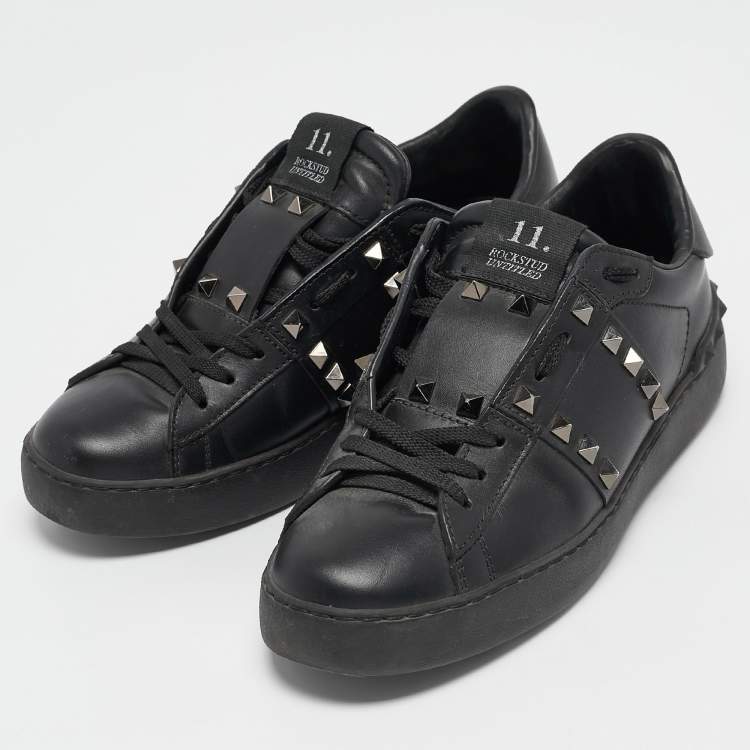 Pre Owned Valentino Black Leather Rockstud Low Top Sneakers Size 37