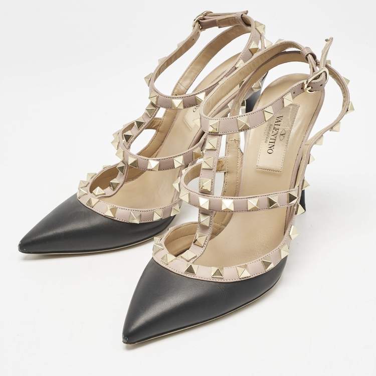 Pre Owned Valentino Black/Dusty Pink Leather Rockstud Caged Pumps Size 36