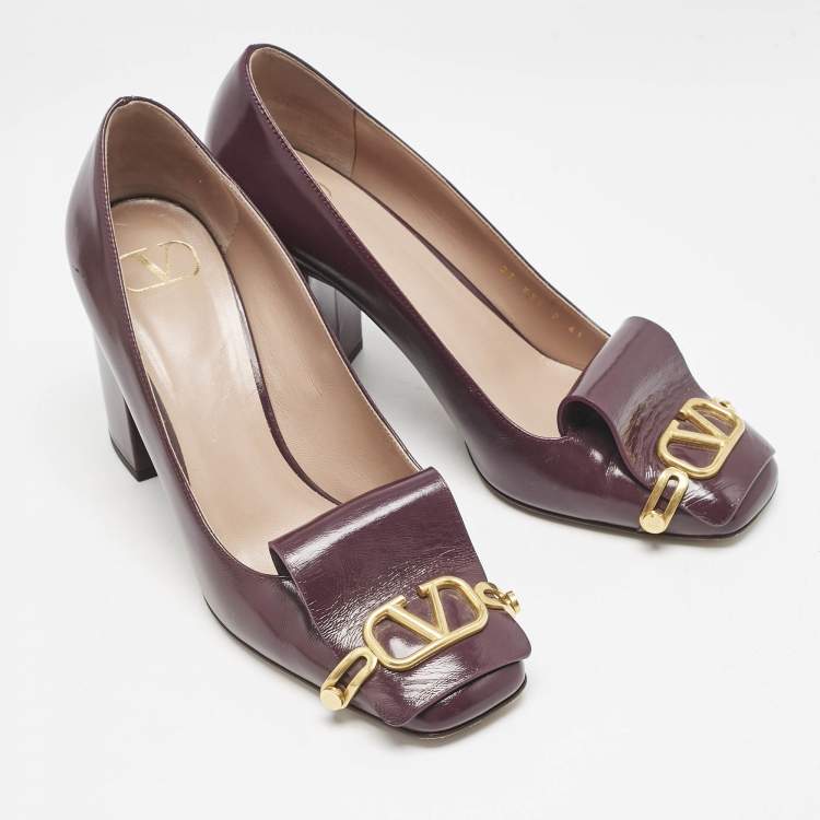 Pre Owned Valentino Purple Leather VLogo Club Block Heel Pumps Size 41