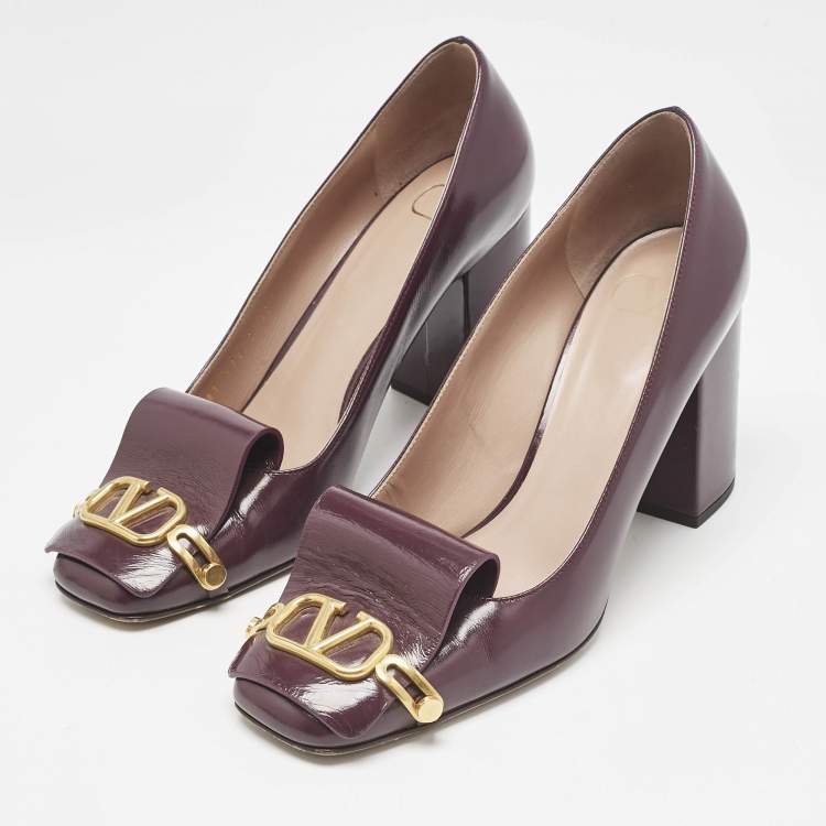Pre Owned Valentino Purple Leather VLogo Club Block Heel Pumps Size 41