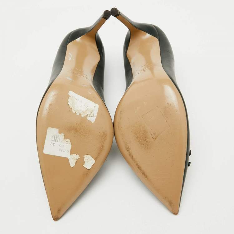 Pre Owned Valentino Dark Green Leather Bow Cut Out Pointed Toe Pumps Size 38.5