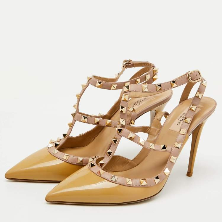 Pre Owned Valentino Beige/Pink Patent Leather Rockstud Ankle Strap Pumps Size 41