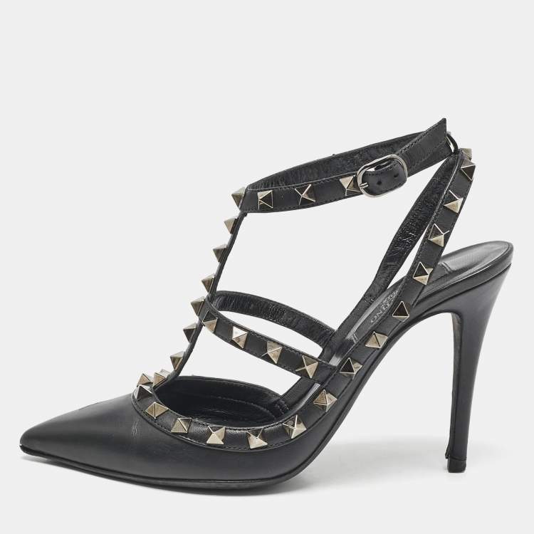 Pre Owned Valentino Black Leather Rockstud Ankle Strap Pumps Size 36