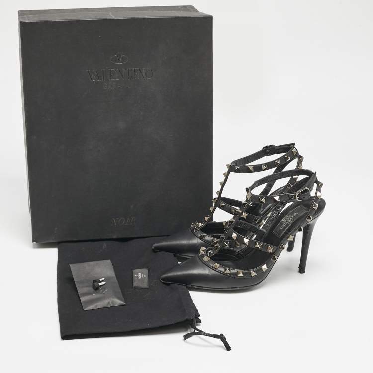 Pre Owned Valentino Black Leather Rockstud Ankle Strap Pumps Size 36