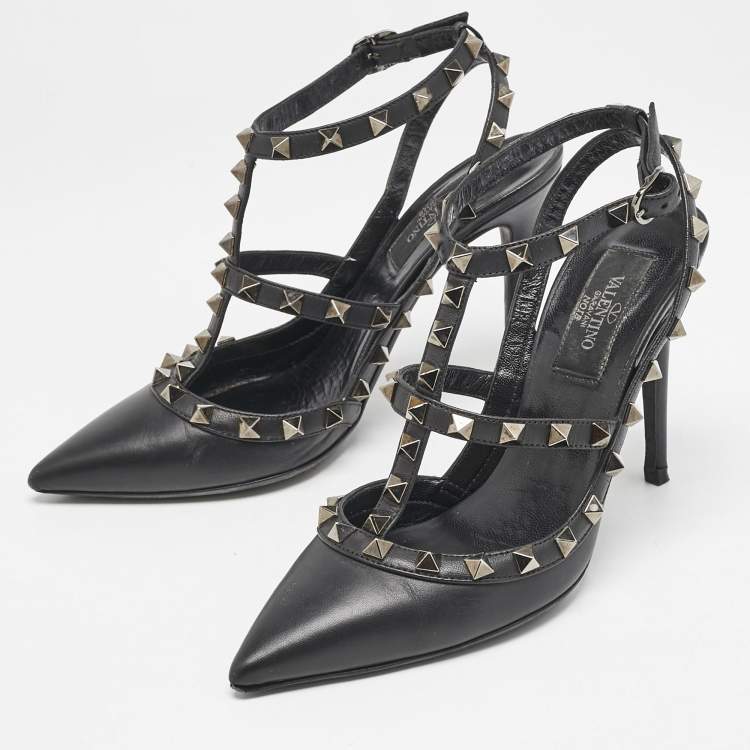 Pre Owned Valentino Black Leather Rockstud Ankle Strap Pumps Size 36