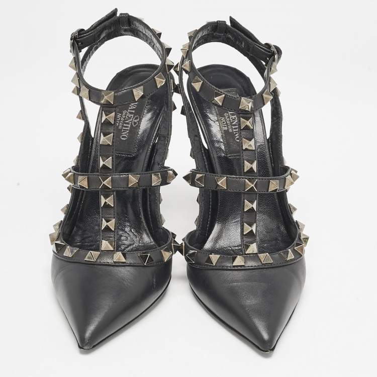Pre Owned Valentino Black Leather Rockstud Ankle Strap Pumps Size 36
