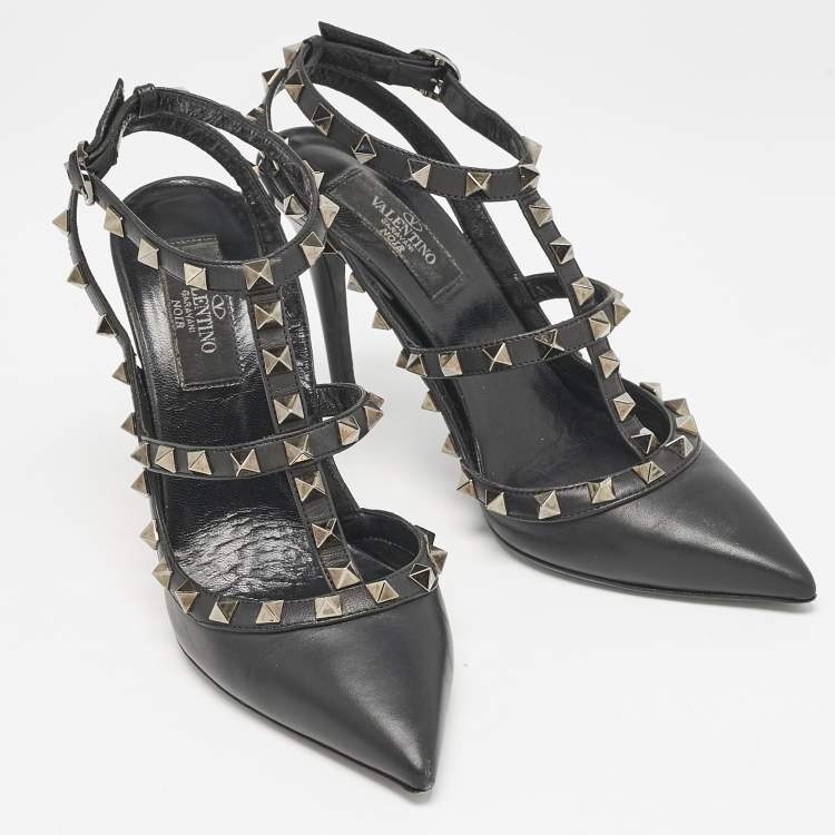 Pre Owned Valentino Black Leather Rockstud Ankle Strap Pumps Size 36