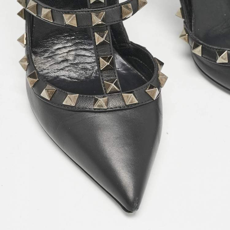 Pre Owned Valentino Black Leather Rockstud Ankle Strap Pumps Size 36