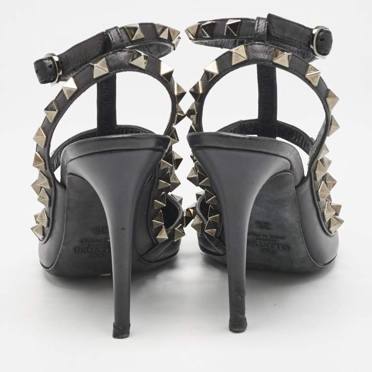 Pre Owned Valentino Black Leather Rockstud Ankle Strap Pumps Size 36