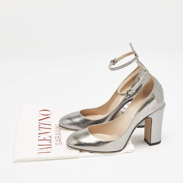 Pre Owned Valentino Grey Leather Tango Ankle Strap Block Heel Pumps Size 35.5