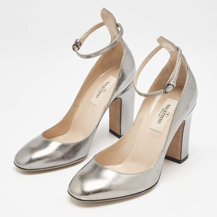 Pre Owned Valentino Grey Leather Tango Ankle Strap Block Heel Pumps Size 35.5