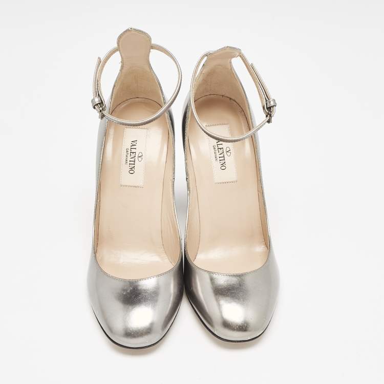 Pre Owned Valentino Grey Leather Tango Ankle Strap Block Heel Pumps Size 35.5