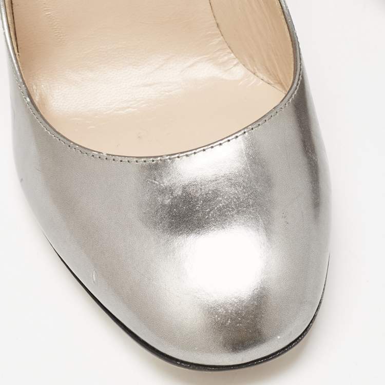 Pre Owned Valentino Grey Leather Tango Ankle Strap Block Heel Pumps Size 35.5