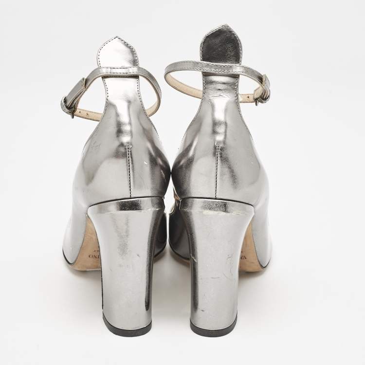 Pre Owned Valentino Grey Leather Tango Ankle Strap Block Heel Pumps Size 35.5