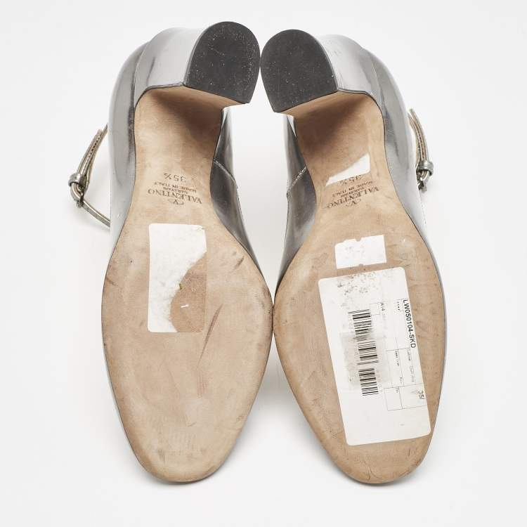 Pre Owned Valentino Grey Leather Tango Ankle Strap Block Heel Pumps Size 35.5