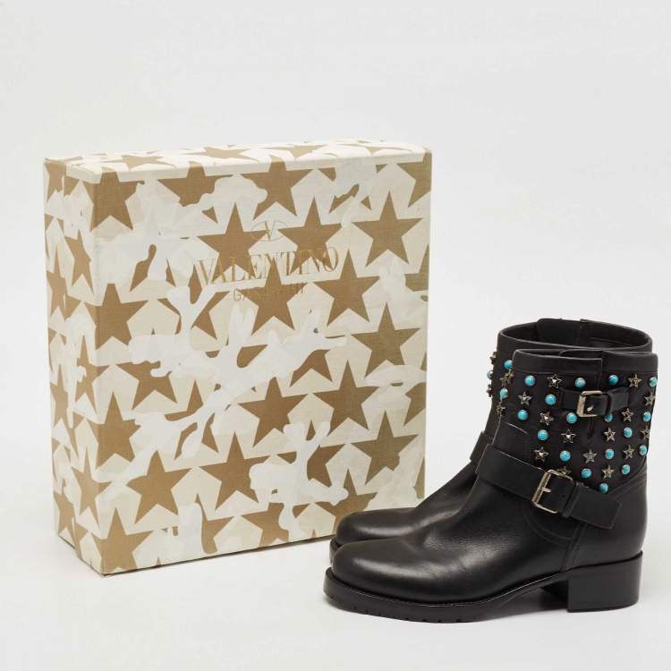Pre Owned Valentino Black Leather Rockstud Biker Boots Size 37.5