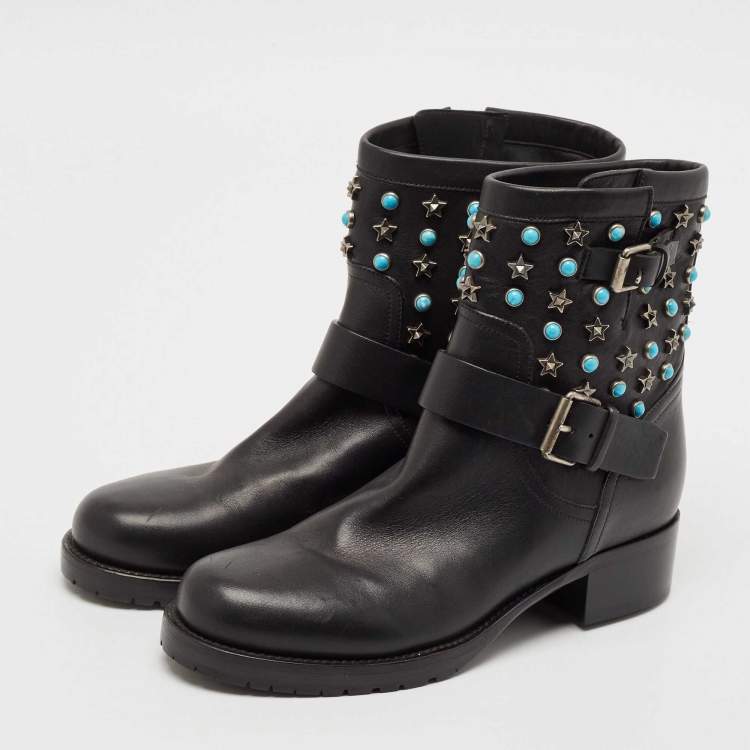 Pre Owned Valentino Black Leather Rockstud Biker Boots Size 37.5