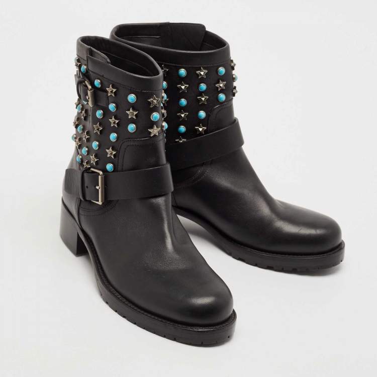 Pre Owned Valentino Black Leather Rockstud Biker Boots Size 37.5
