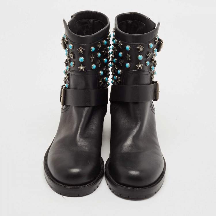 Pre Owned Valentino Black Leather Rockstud Biker Boots Size 37.5