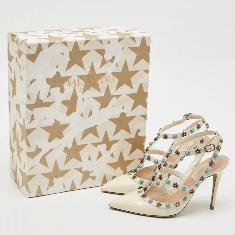Pre Owned Valentino White Patent and Leather Rockstud Ankle Strap Pumps Size 37