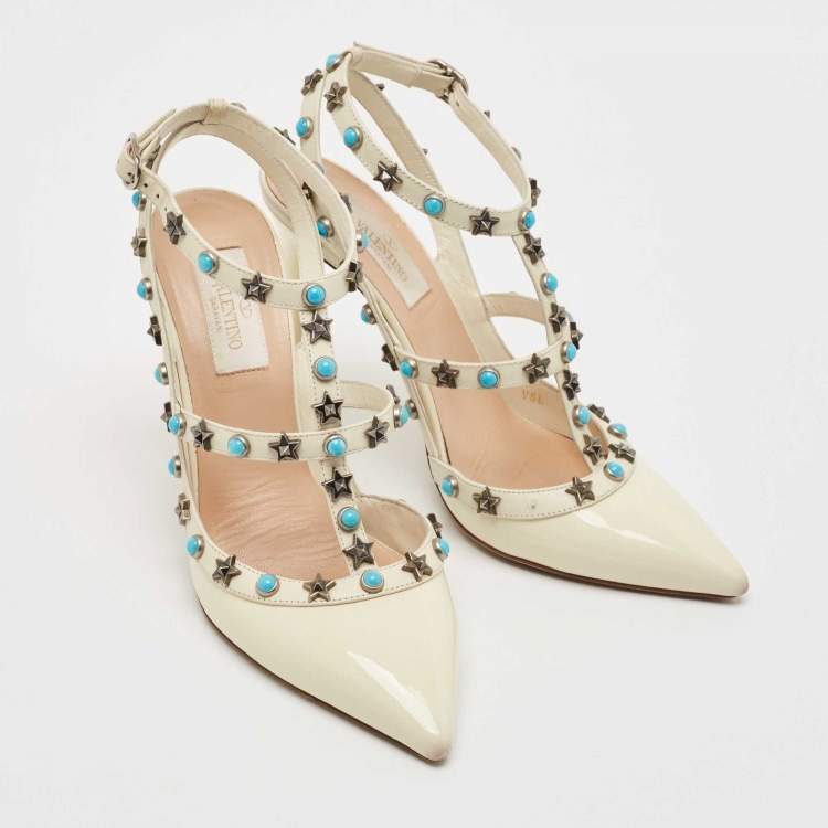 Pre Owned Valentino White Patent and Leather Rockstud Ankle Strap Pumps Size 37