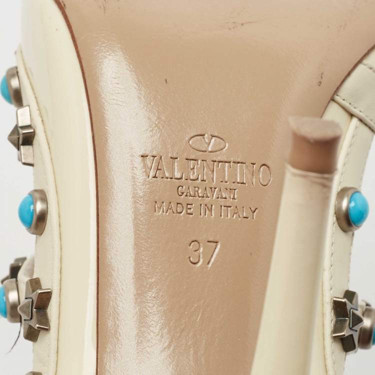 Pre Owned Valentino White Patent and Leather Rockstud Ankle Strap Pumps Size 37