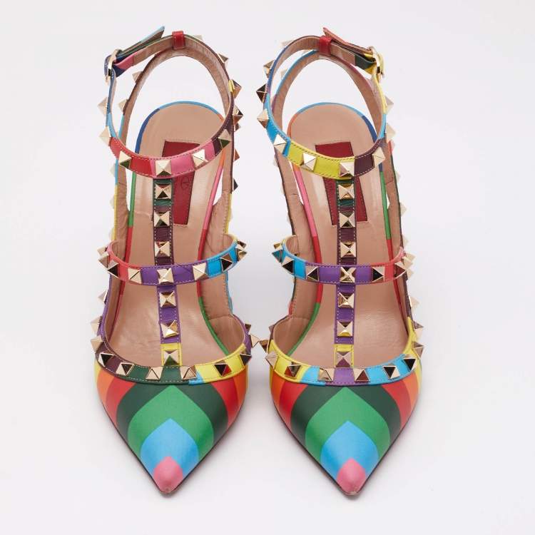 Pre Owned Valentino Multicolor Leather Striped Rockstud Ankle Strap Pumps Size 37