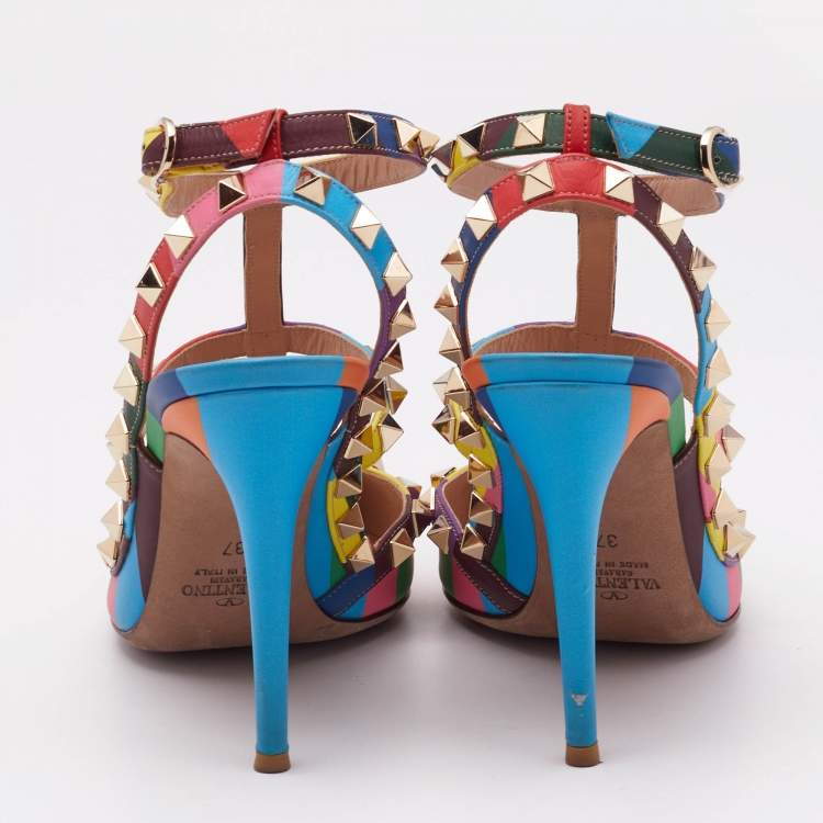Pre Owned Valentino Multicolor Leather Striped Rockstud Ankle Strap Pumps Size 37