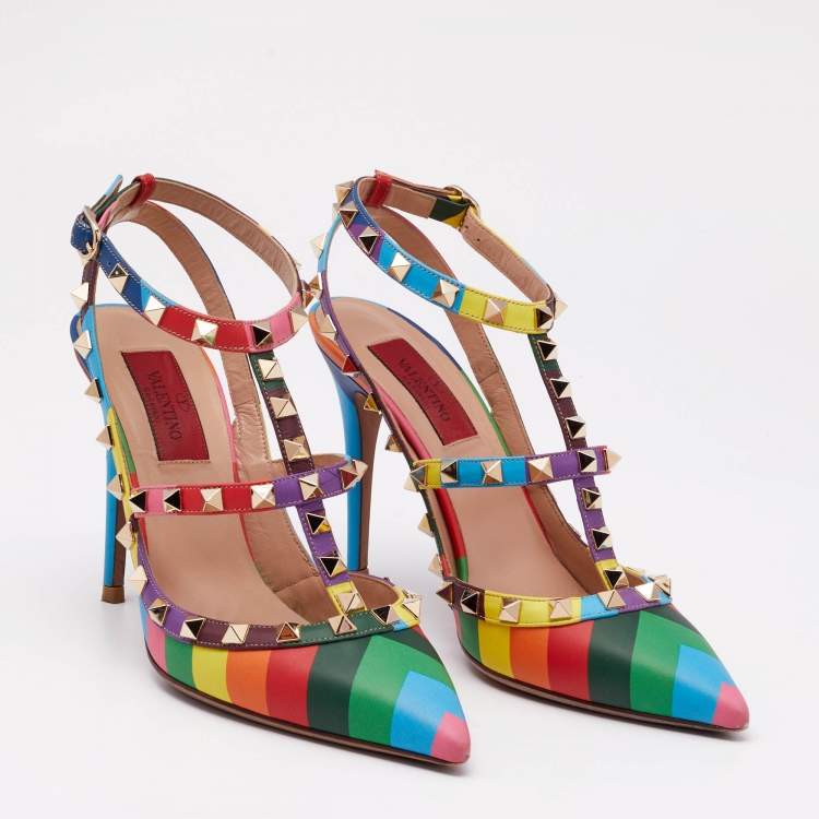 Pre Owned Valentino Multicolor Leather Striped Rockstud Ankle Strap Pumps Size 37