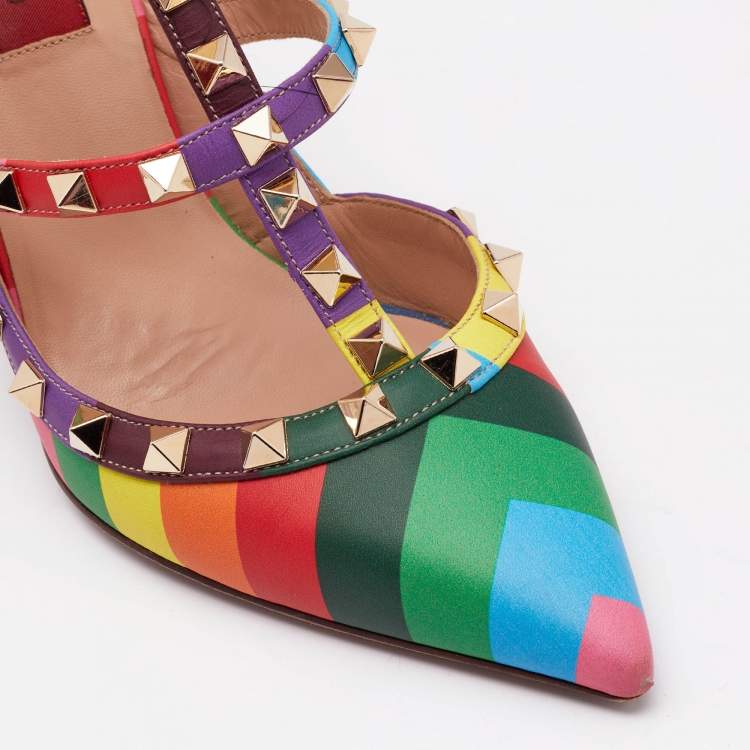 Pre Owned Valentino Multicolor Leather Striped Rockstud Ankle Strap Pumps Size 37