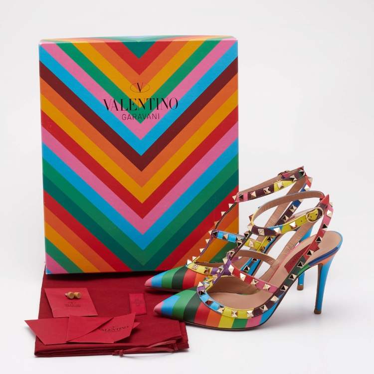 Pre Owned Valentino Multicolor Leather Striped Rockstud Ankle Strap Pumps Size 37
