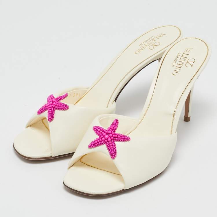 Pre Owned Valentino Off White Leather Escape Slide Sandals Size 39.5