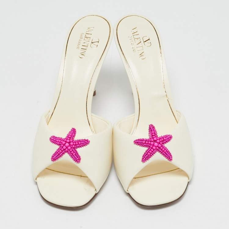 Pre Owned Valentino Off White Leather Escape Slide Sandals Size 39.5