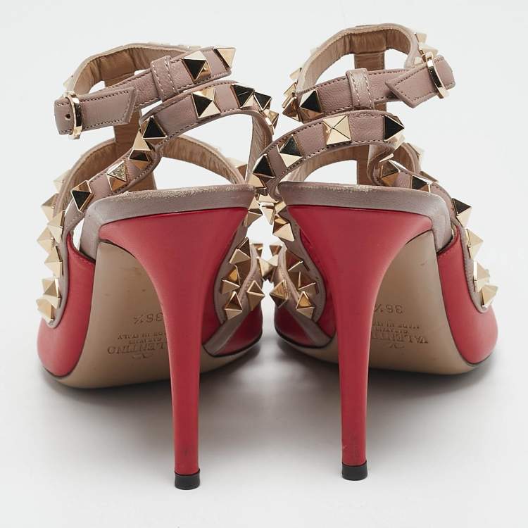 Pre Owned Valentino Red/Beige Leather Rockstud Caged Pumps Size 36.5