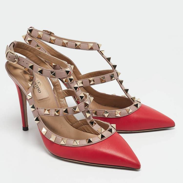 Pre Owned Valentino Red/Beige Leather Rockstud Caged Pumps Size 36.5